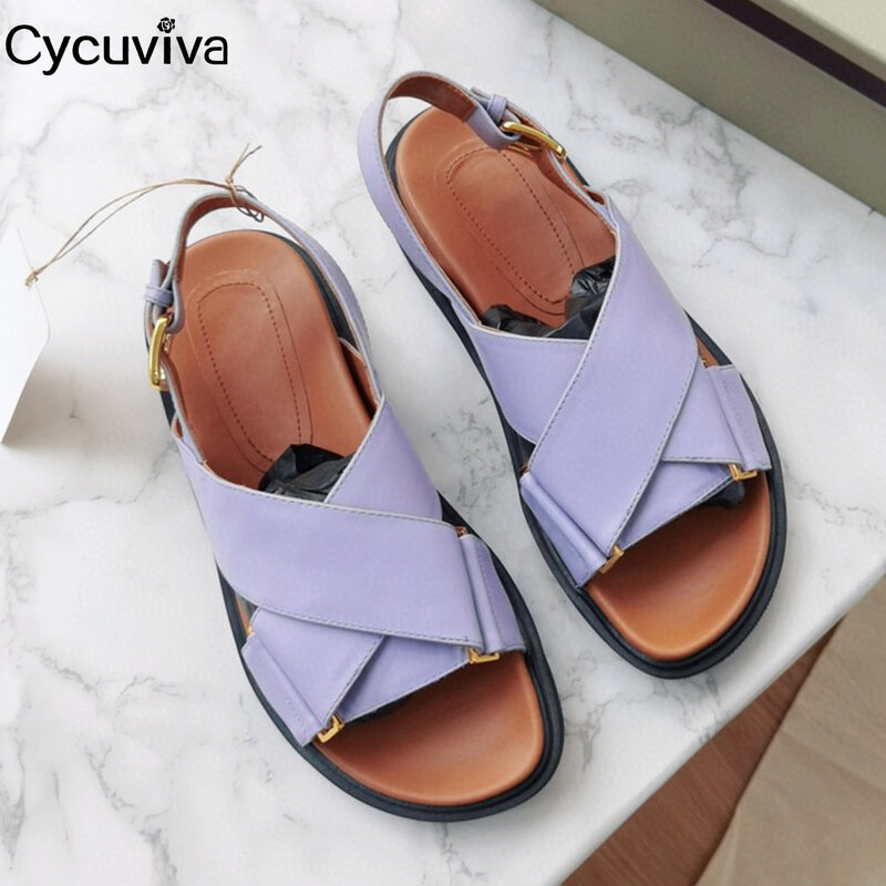 Sandalias planas de cuero cruzado para mujer, zapatos de playa para vacaciones de verano, sandalias informales de marca de diseñador, 2022