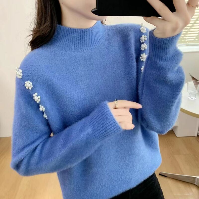 女性のためのモックネックセーター,シンプルでシックなセーター,韓国スタイルのアップリケデザイン,モノクロ,クラシックな個性,4色,秋
