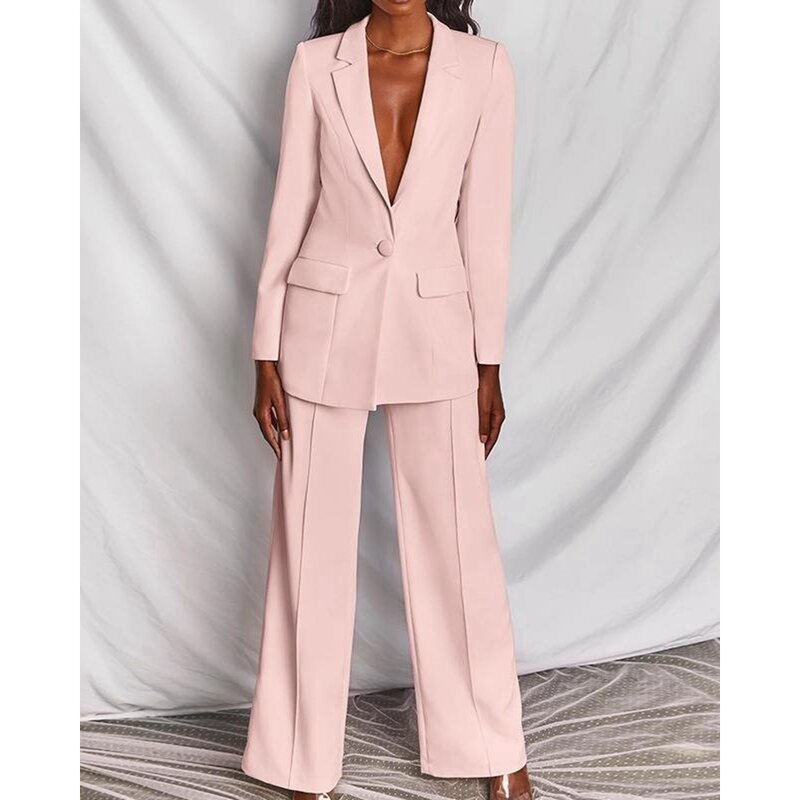 Frauen gekerbt Hals Single Button Top & weites Bein Hosen Set weiblich zweiteilig Blazer Anzug Set Business Workwear elegantes Büro
