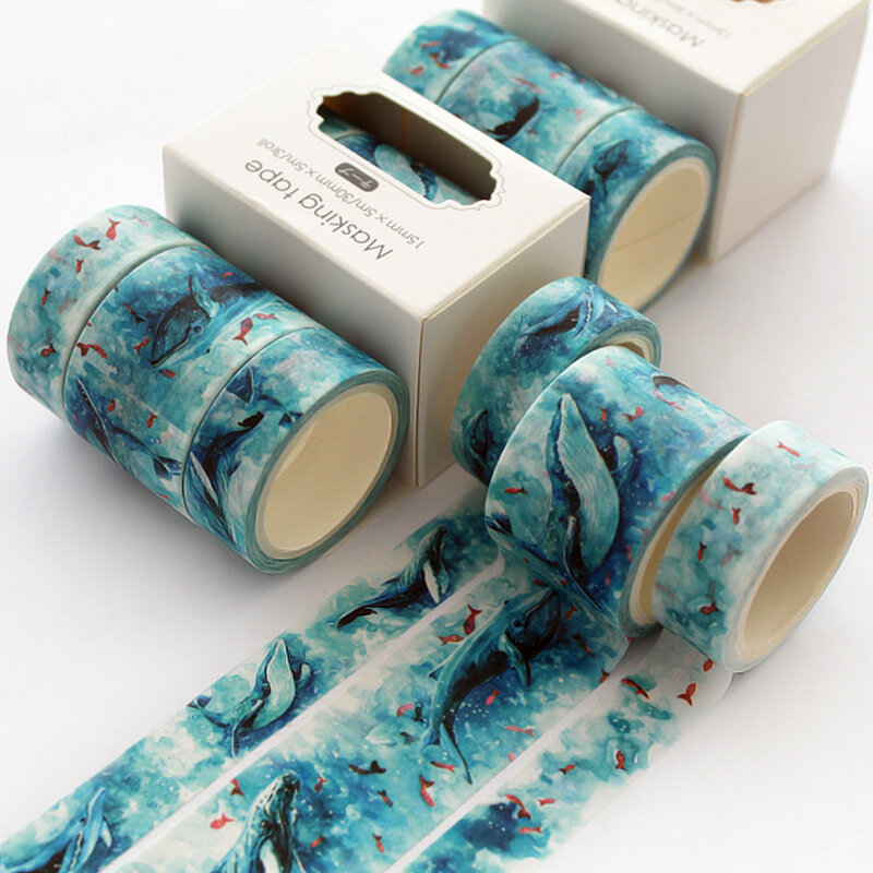 Cinta adhesiva decorativa de animales marinos azules, Washi Tape, Diy, Scrapbooking, etiqueta adhesiva, papelería japonesa, ballena, 3 piezas por juego