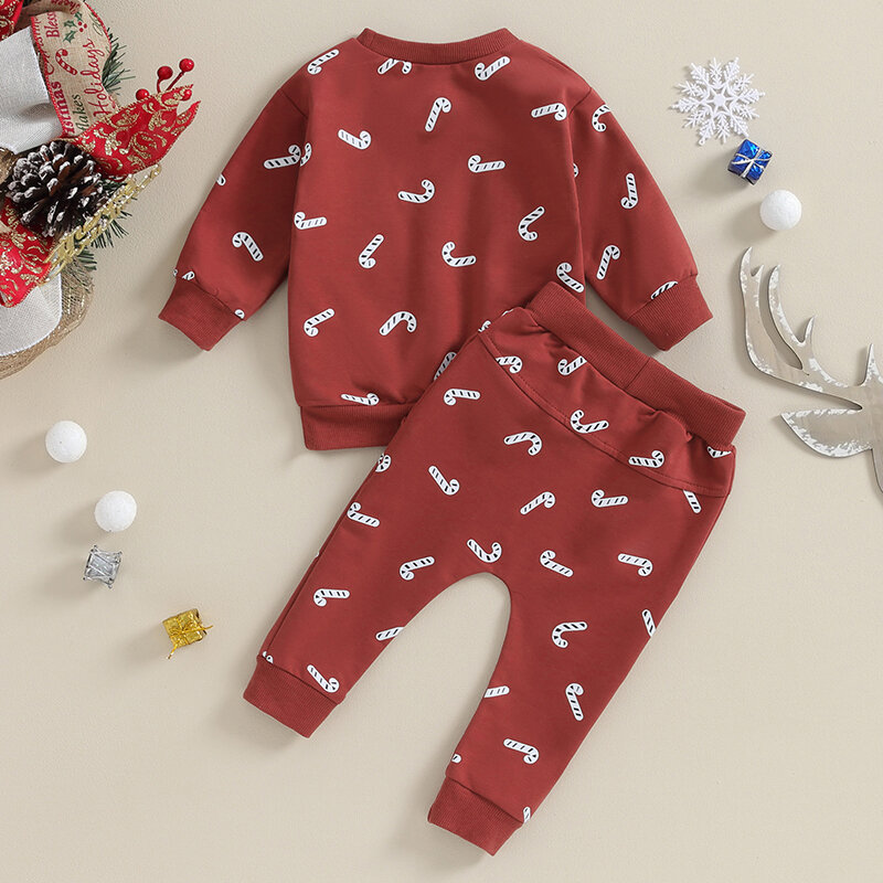 Set pakaian Natal bayi balita, atasan kaus lengan panjang motif kartun permen, celana pinggang elastis, Set pakaian natal untuk bayi balita