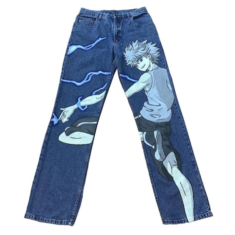American retro jeans for men and women Harajuku style straight-leg personalized comic print wide-leg street loose denim trousers