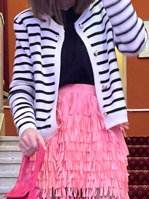 Suninbox корейская мода черный и белый полосатый вязаный свитер кардиган короткий свитер куртка с длинным рукавом вязаный кардиган 2023