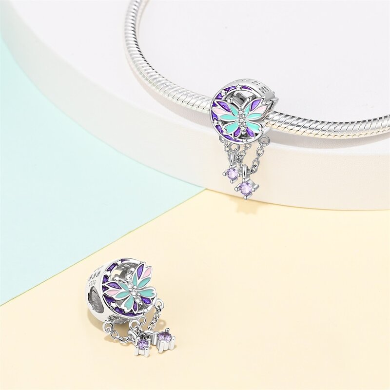 Elegante charme de prata esterlina 925 para mulheres, colorido borboleta, lua, borla, pandora pulseira, presente da jóia romântica, proposta