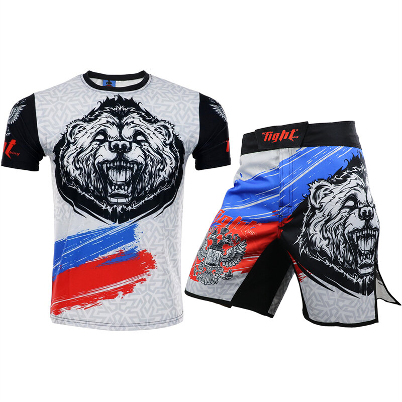 ARFIGHTKING Männer Grau Bär MMA Shorts Und T-shirt Bjj Boxing Trunks Rashguard Boxe Shirts Muay Thai Kampf Trikots Gym Set