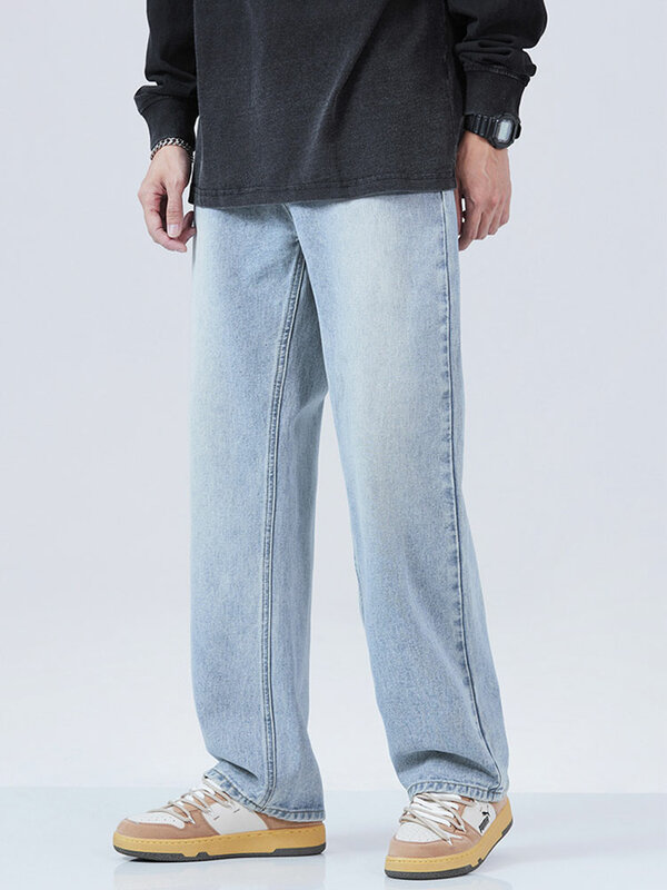 2023 New Autumn Blue Jeans Men Korean Vintage Banding Waist Denim Cotton Casual Wide-Leg Long Pants Straight Baggy Jean Trousers