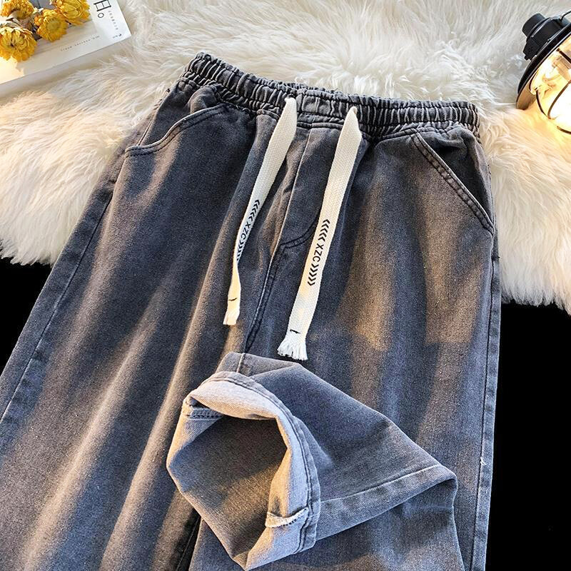 Summer Elastic Waist Jeans for Women's Casual Oversized Loose Straight Drawstring Denim Pants Vintage Wide Leg Trouser S-3XL