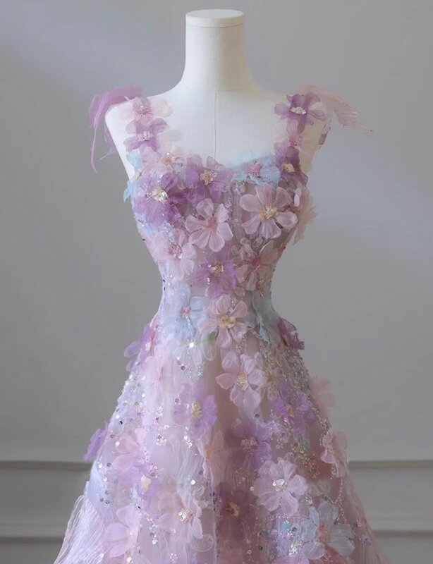 Flora Dress Light Purple Flowers Decal Prom Dress A-line Square Neck Shining Sequin Sleeveless Evening Dress 2023 فساتين السهرة