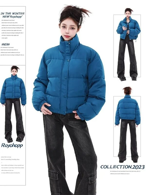 Jaqueta acolchoada de algodão espessa para mulheres, casacos grandes soltos, gola alta, parkas curtas, jaqueta de pão inverno