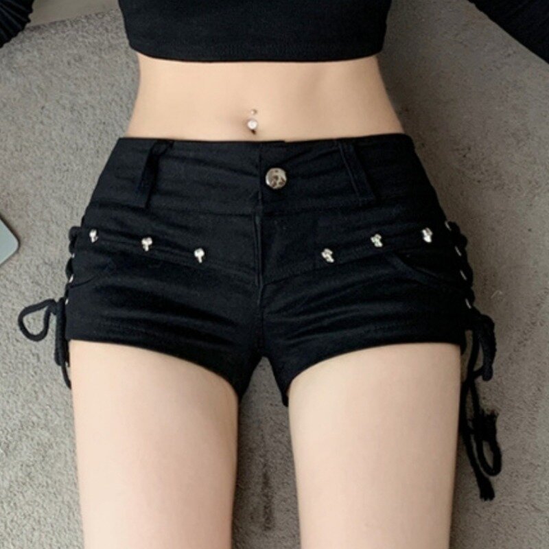 Shorts jeans preto sexy feminino, shorts de verão magros, que combinam tudo, monocromático, design de moda de rua alta, estilo americano retrô chique, garotas quentes