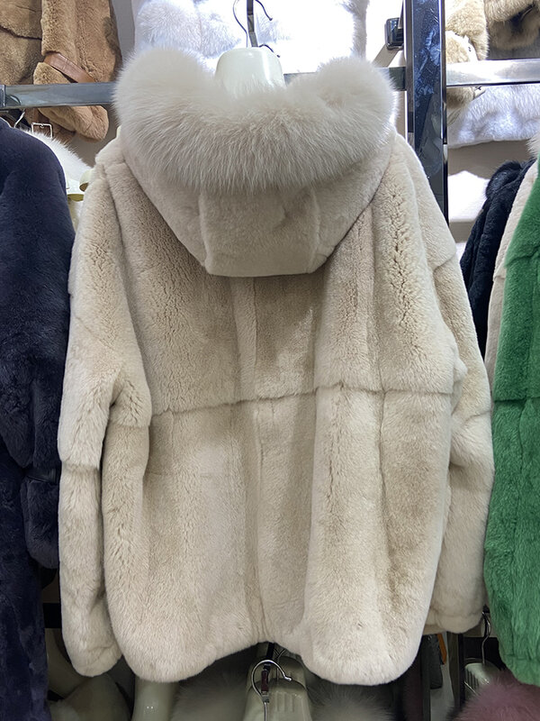 Abrigo de piel de conejo Rex con capucha para mujer, prenda de vestir de gran tamaño con cuello de piel de zorro Real, suave y grueso, para invierno, gran oferta