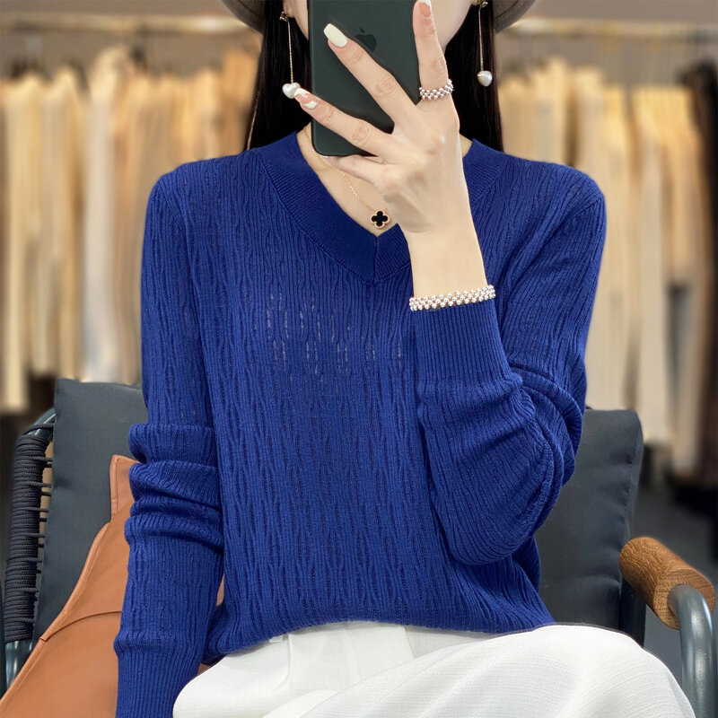 Women's Knitwear Vneck Pullover Long Sleeved Fine Worsted Wool Knitwear Hollow Out Versatile Fashion Top Spring/Summer New Style