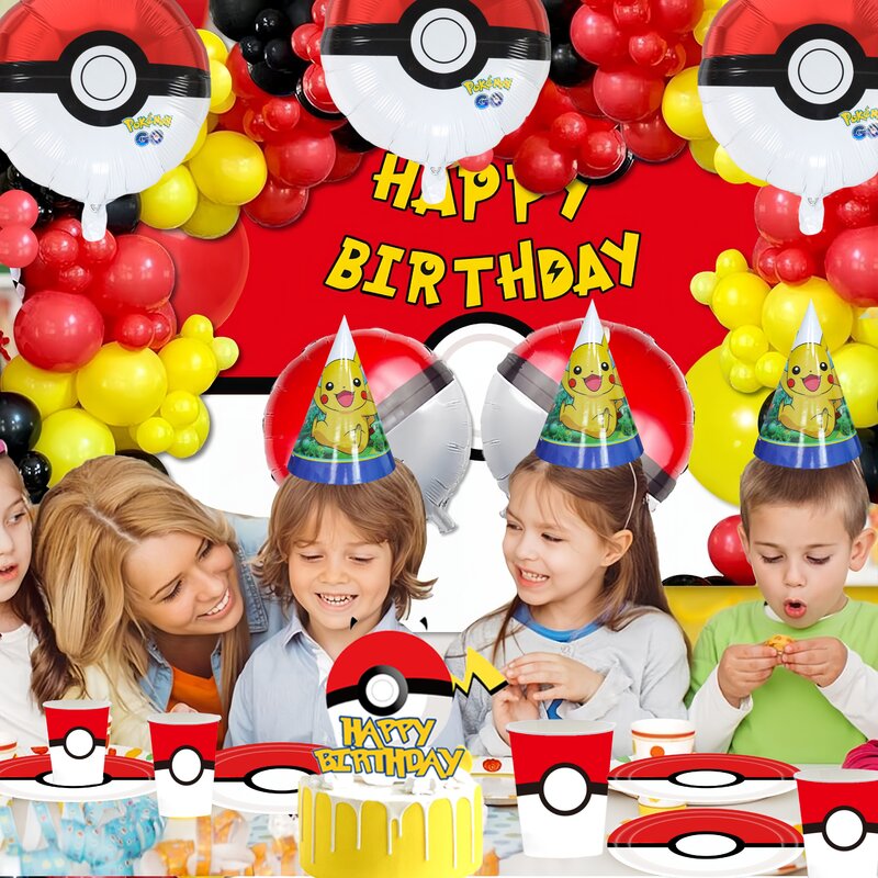 Pokemon Geburtstag Dekoration Pokeball Einweggeschirr Teller Tasse Tischdecke Pikachu Ballon Baby Dusche Kinder Party Supplies