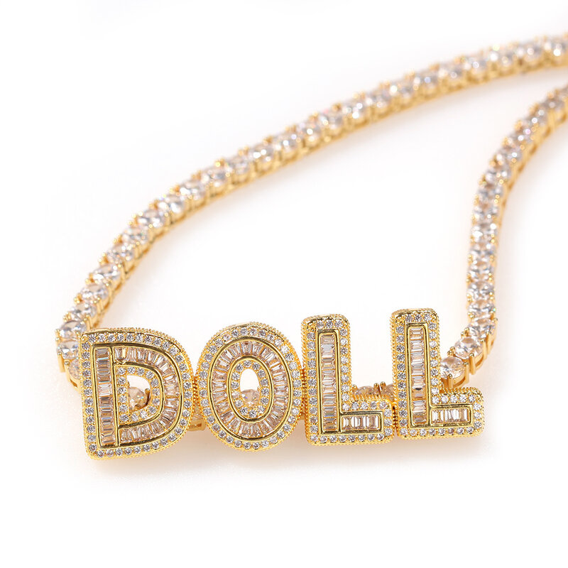Uwin-Collier pendentif avec nom, lettres baguette, tennis, plein glacé, cadeau bijoux hip-hop