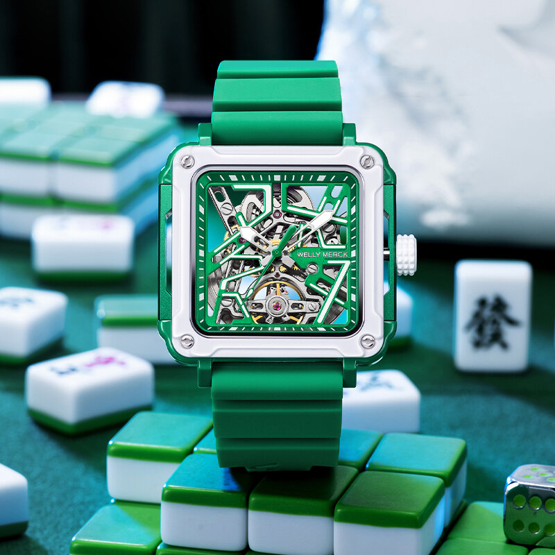Relógio Quadrado de Aço Inoxidável para Homem da Edição Limitada da Série Mahjong da Welly Merck, com Movimento Automático Mecânico e Resistente à Água