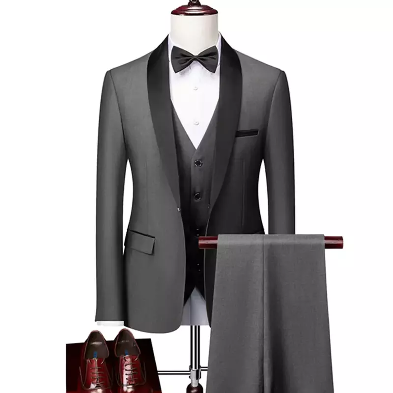 남성용 라펠 블랙 칼라 3 피스 수트 세트, 코트 조끼 바지, 비즈니스 신랑, 신랑 웨딩 드레스, 프렌치 블레이저 바지