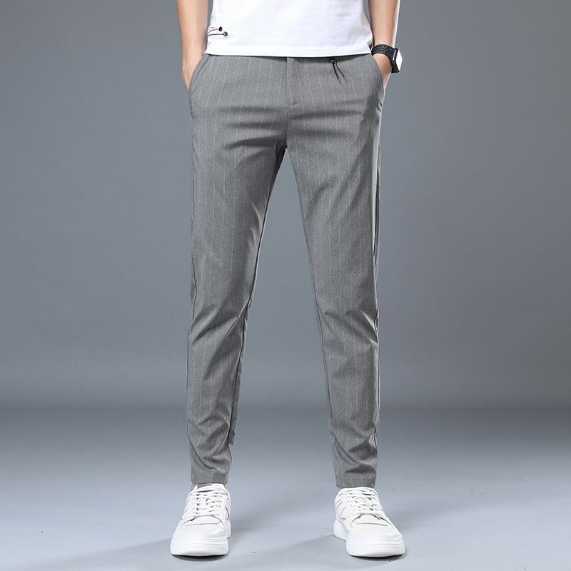 Calça masculina coreana listrada reta, bolso com zíper de botão, calça casual solta, simples, versátil, moda verão, nova