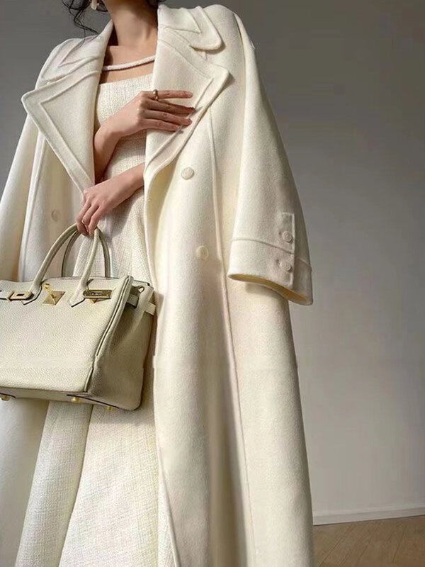 Mantel wol elegan wanita, pakaian luar hangat Vintage longgar Solid Chic musim gugur musim dingin