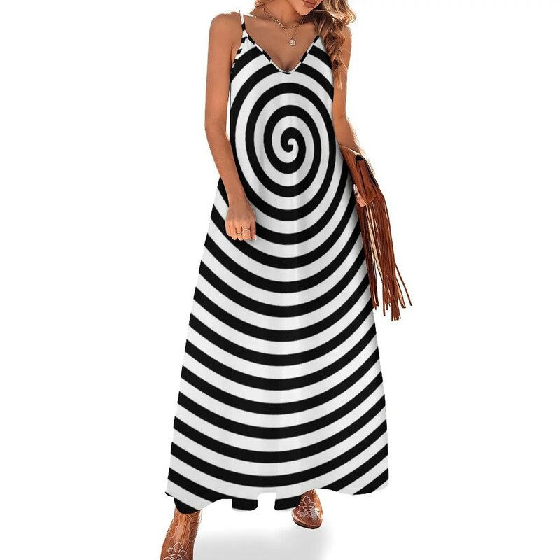 Trippy 나선형-흑백 민소매 드레스, 여성 패션 드레스