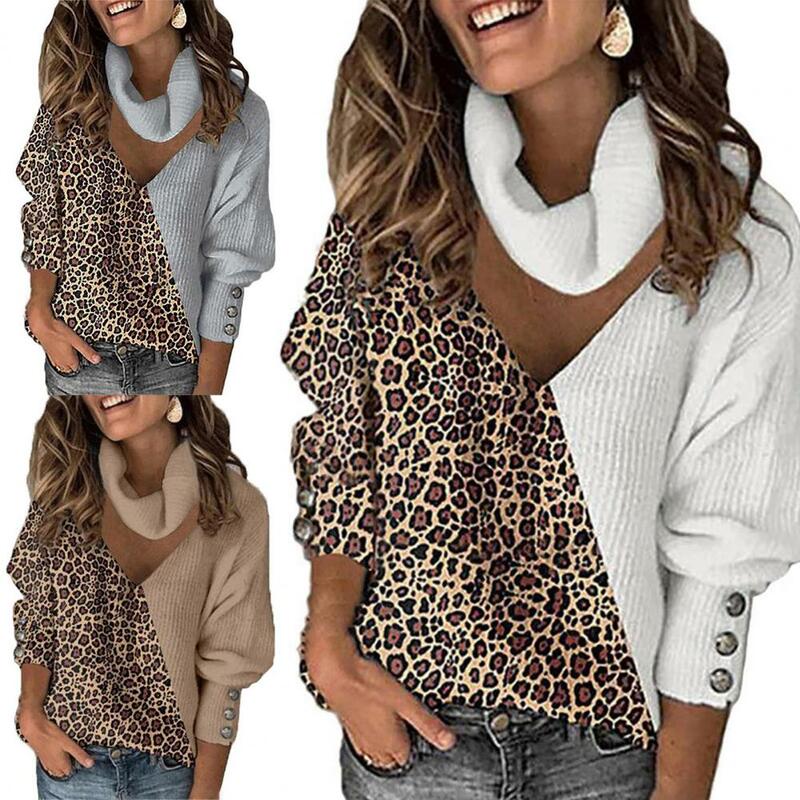 Suéter de retazos de leopardo para mujer, Top de punto ahuecado, manga farol, cuello alto, Jersey de punto para uso diario, Otoño e Invierno