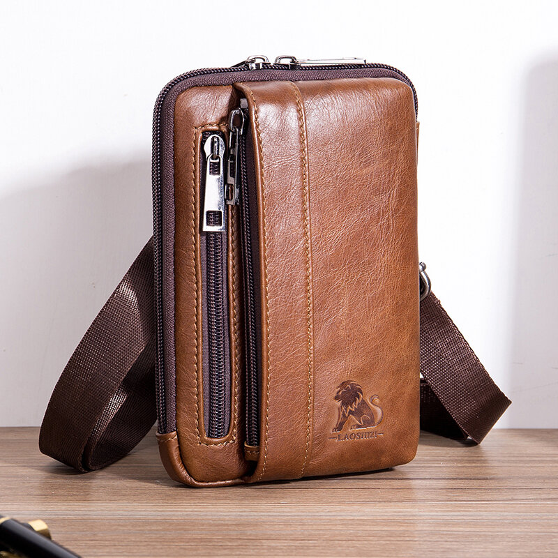 1pc Men's Multi-functional Large-capacity Messenger Bag, Retro Casual Mobile Phone Bag Top Layer Cowhide Waist Bag