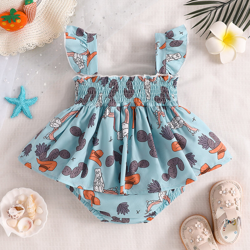 فستان VISgogo-Romper للفتيات الصغيرات ، كم طائر ، قبعة مطوي ، بدلة جسم مطبوعة ، ملابس صيفية لحديثي الولادة ، كاجوال يومي