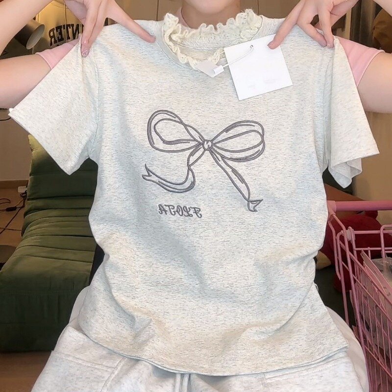 HOUZHOU musim panas kaus lengan pendek busur wanita renda Coquette estetika Y2k kaus lucu grafis atasan pendek mode jalanan Korea