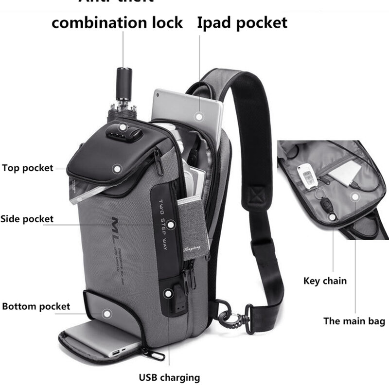 男性用多機能盗難防止ショルダーバッグ,USB充電付き多機能盗難防止バックパック,旅行に最適