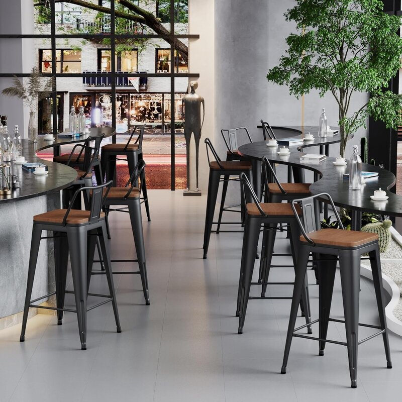 Set furnitur Café, bangku logam kursi Bar belakang dengan bangku Bar tinggi konter kursi kayu, set furnitur kafe hitam Matte