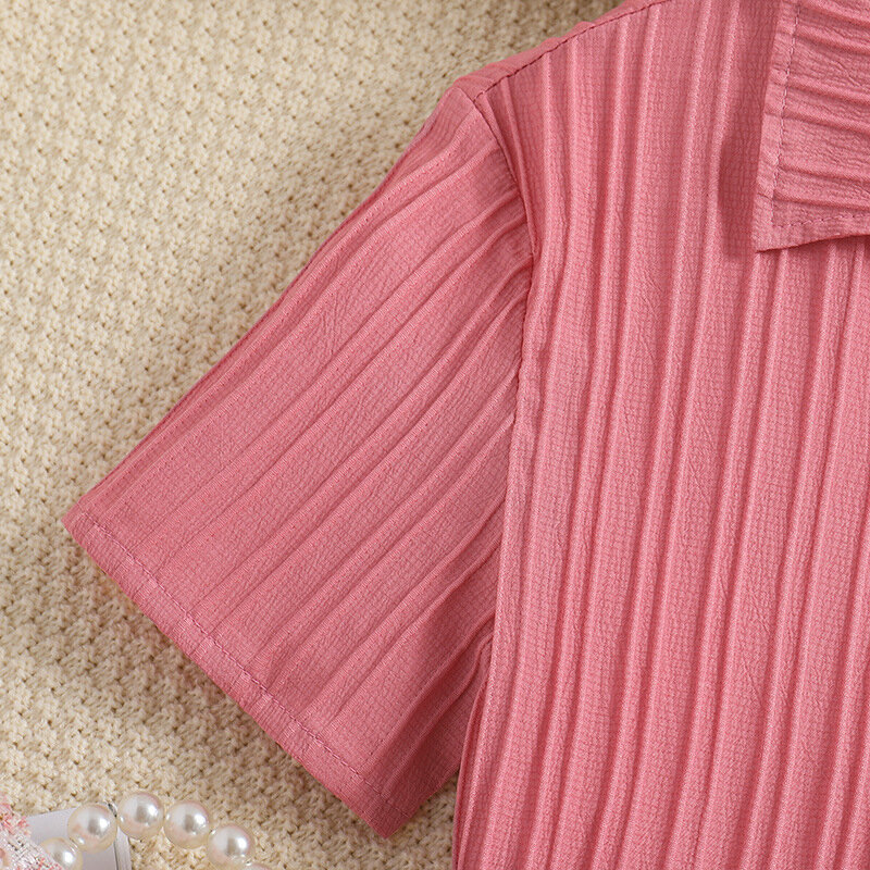 8-12T Girls Summer 2PCS Shorts Sets Short Sleeve Lapel Pleated Shirt Tops Pink Drawstring Shorts Sets