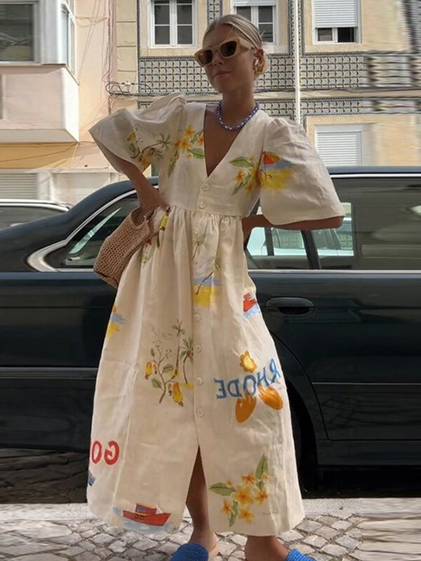 Vestido solto de algodão feminino com mangas inchadas, terno estampado elegante, corte em linha A, verão, 2024