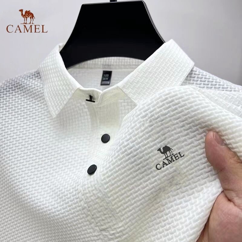 Haftowana wielbłąda wysokiej jakości lodowy jedwab elastyczna koszulka Polo nowa letnia koszulka modna oddychająca biznesowa luksusowa tarcza z krótkim rękawem