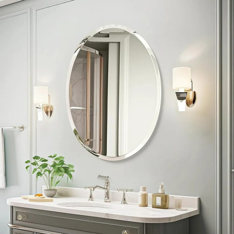 Espelho de parede oval sem moldura, vaidade do banheiro, borda chanfrada, aparência simples e elegante, 20x28"