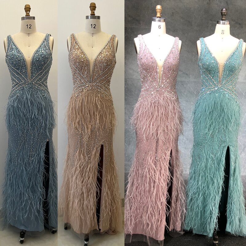 2022 New Handmade Beading Mermaid Evening Dresses With Feathers Sexy Split Long Evening Gowns For Women Party