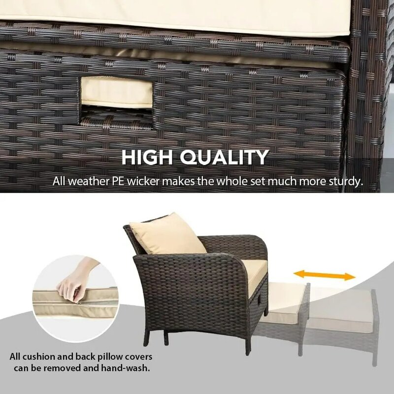 5pcs Patio Conversation Set,PE Wicker Rattan Outdoor Lounge Chairs w/ Soft Cushions 2 Ottoman&Glass Table for Porch,Multi Colors