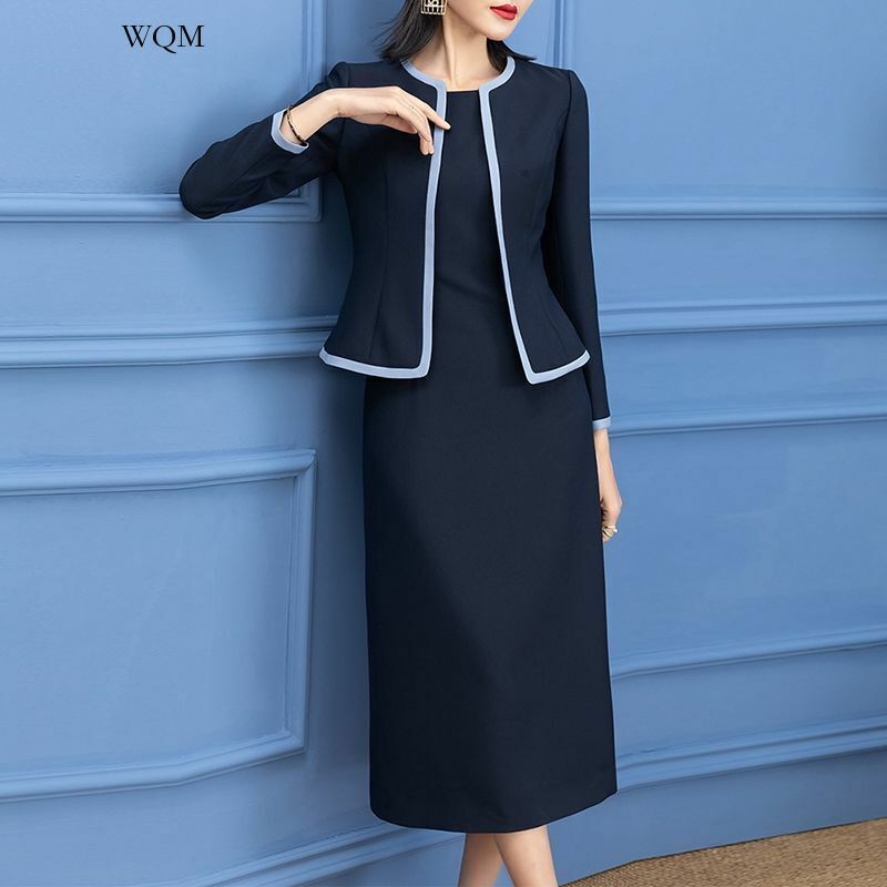 WQM Autumn Ladies Jacket Dress Two-piece Set Navy Blue Women's Blazers Long Dresses Suit Female Office Formal Wear Women Clothes