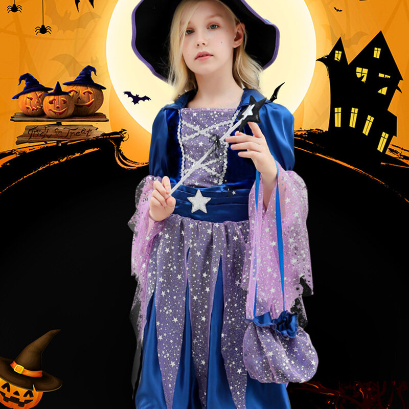 Roxo halloween bruxa princesa vestido menina crianças cosplay trajes de máscaras para carnaval festa de aniversário desempenho roupas