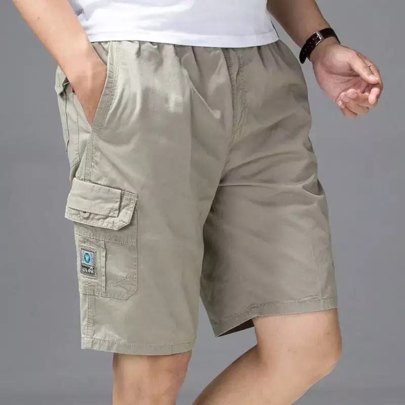 Men's Wide Solid Khaki Baggy Cotton Cargo Shorts, masculino solta calças confortáveis, roupas casuais, frete grátis