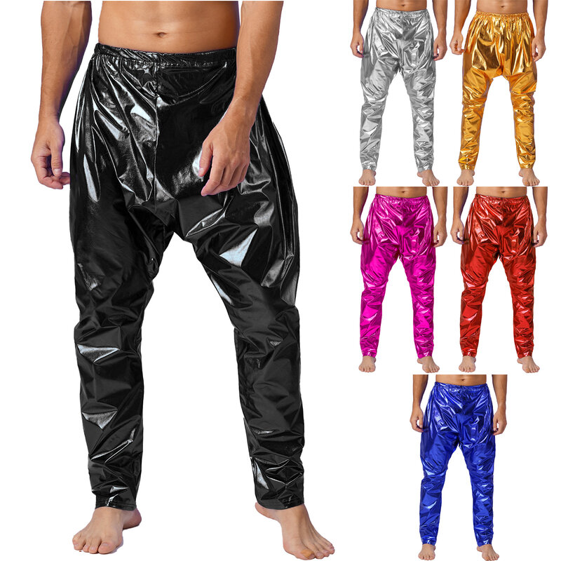 Mens Shiny Metallic Dance Pants Stylish Elastic Waistband Solid Color Lightweight Harem Pants for Stage Performance