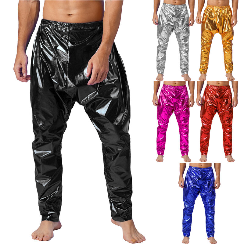 Mens Stylish Metallic Shiny Long Pants Elastic Waistband Solid Color Lightweight Harem Pants for Stage Performance