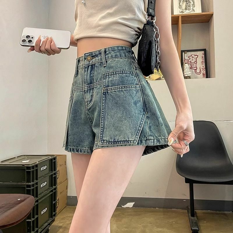 2024 Summer Women's Vintage Denim Shorts Thin High Waist Loose Slimming Versatile Wide Leg Hot Pant Trend