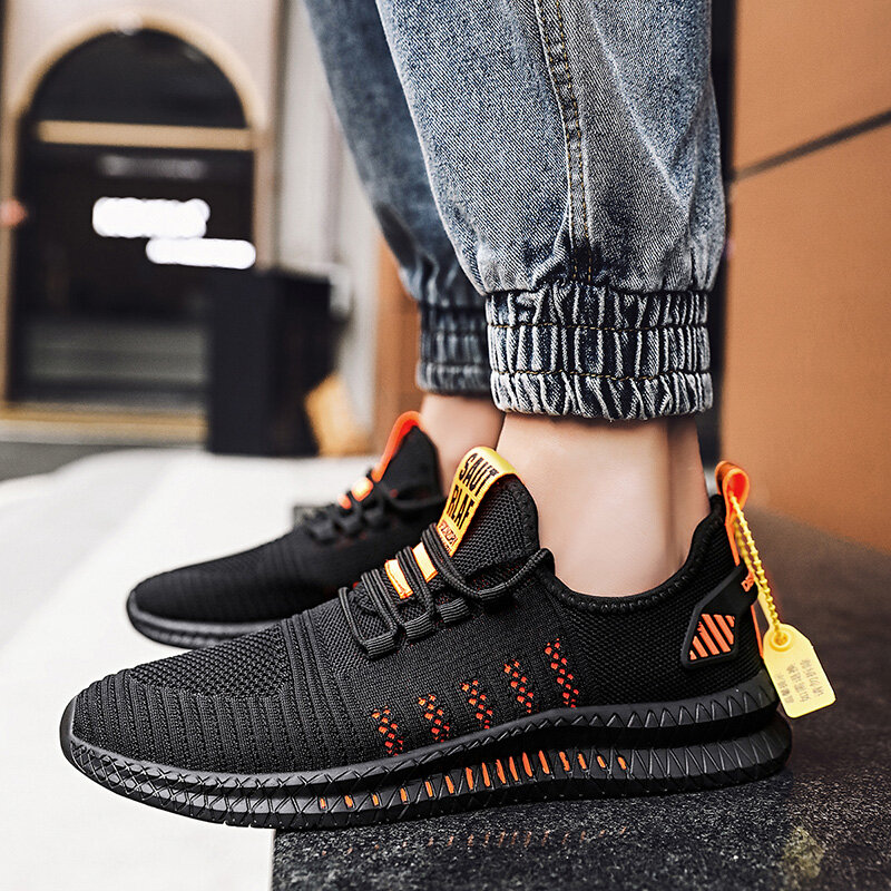 Men's sneakers lace-up flying woven through casual shoes vulcanized lightweight flat comfortable running shoes plus size 48