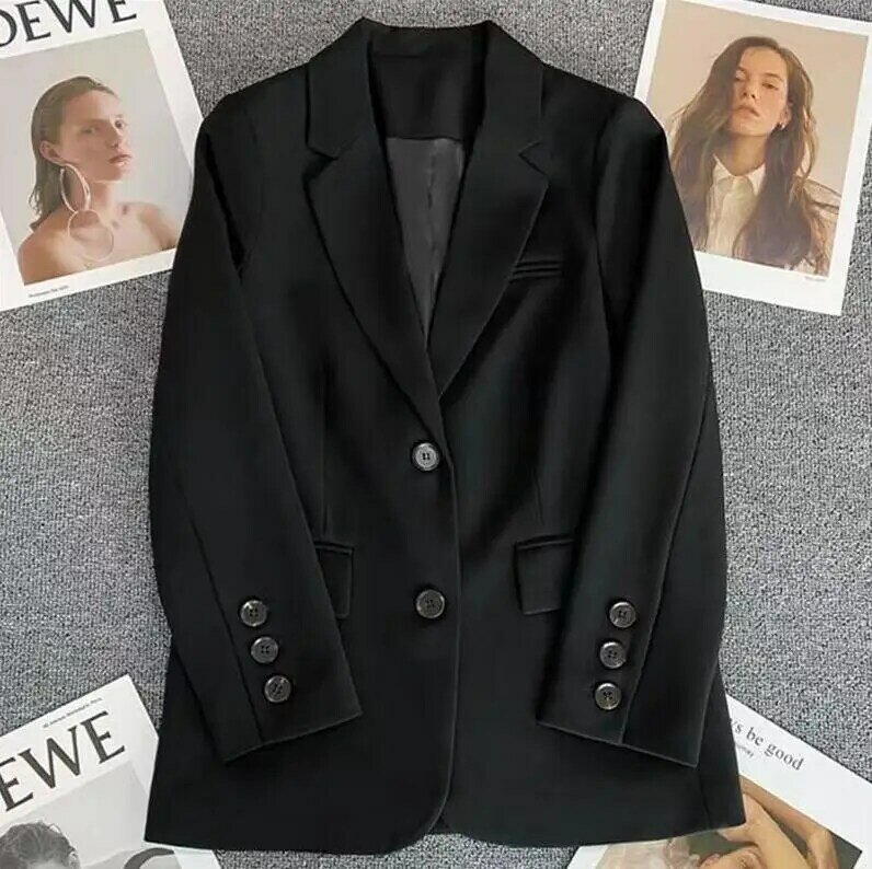 Jaket mantel longgar berlekuk sederhana untuk wanita, blazer jas kecil ukuran ganda musim semi baru berkancing dua baris