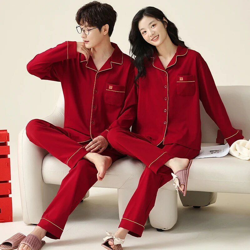 Ensemble de pyjama en coton à manches longues pour hommes et femmes, pyjama rouge pour couples, chemise de nuit pour amoureux, tenue de mariage, automne