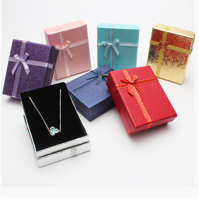 Caja de cartón con lazo para joyería, embalaje de regalo, anillo, pendientes, collar, pulsera, caja de almacenamiento, organizador de joyería, estuche de papel de exhibición
