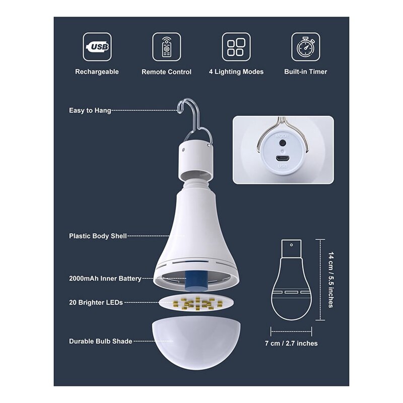 Ampoule LED aste avec crochet pour l'extérieur, USB, télécommande, panne de courant domestique, 2 paquets