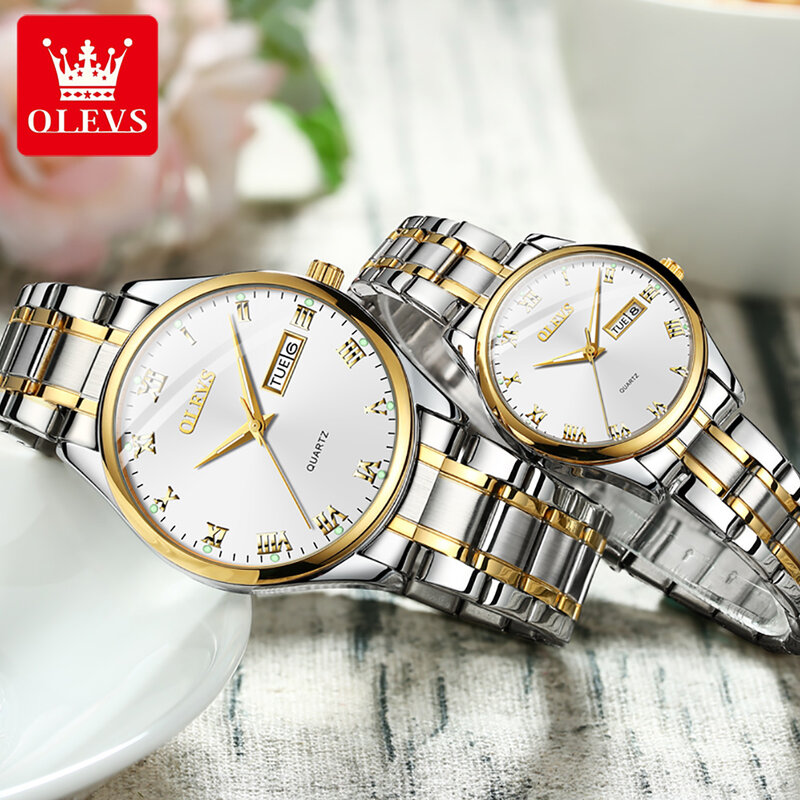 OLEVS นาฬิกาข้อมือคู่ระบบควอตซ์ของแท้, นาฬิกาสแตนเลสสตีลหรูหราสำหรับผู้หญิงและกันน้ำผู้ชายพร้อมปฏิทินคู่เรืองแสง
