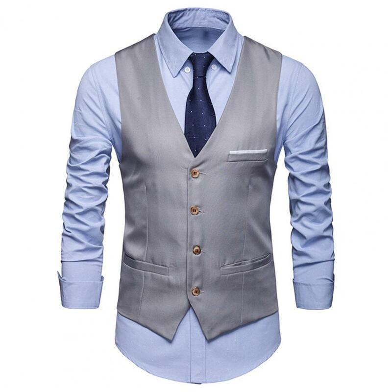 เสื้อกั๊กนักธุรกิจผู้ชายแฟชั่นสีทึบชุดสูทแบบลำลองสำหรับผู้ชาย, เสื้อกั๊กลำลองระบายอากาศได้ดีชุดทำงาน
