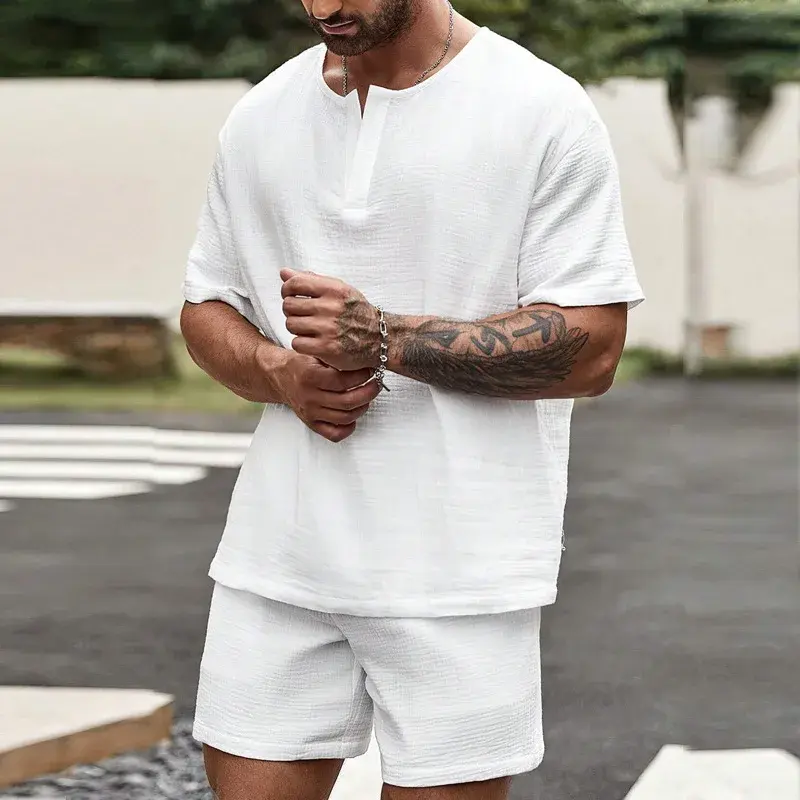 Spring Summer Casual Two Piece Sets Men Fashion Short-sleeved V Neck T Shirts and Shorts Suits Mens Vintage Solid Color Outfits