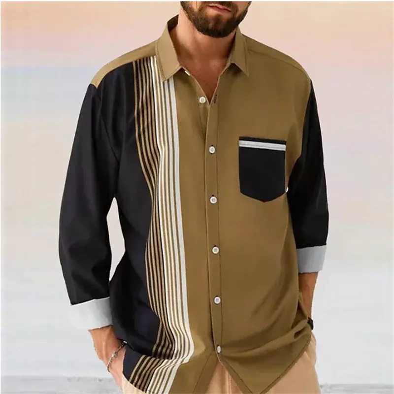 Рубашка мужская в полоску, модная повседневная Уличная блуза с лацканами, длинными рукавами и пуговицами, с изменением цвета, осень 2019